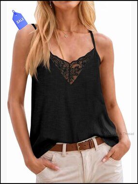 Lace Ribbed Knit Sleeveless Cami Summer Tank Tunic Shirt Loose Fit